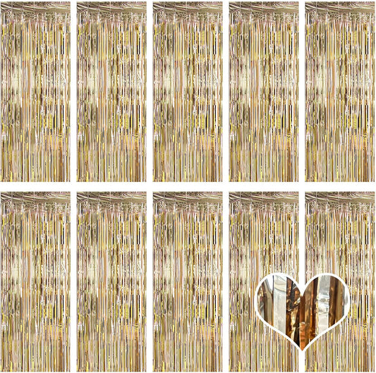 10 Pack Champagne Gold Backdrop Curtain 3.2ft x 8.2ft Metallic Tinsel Foil Fringe Curtains Photo Booth Background for Birthday Party Decoration Engagement Wedding Christmas Decor (Champagne Gold)
