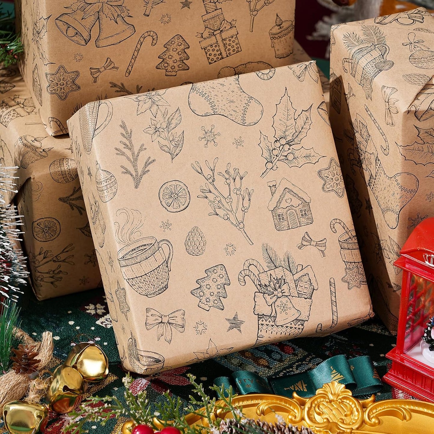 Ulmasinn Vintage Christmas Wrapping Paper Roll - Brown Kraft Paper 17" x33ft - with Cutting Line, Hand-Drawn Holiday Elements, Xmas Gift Wrap for Presents, Table Decor & Crafting
