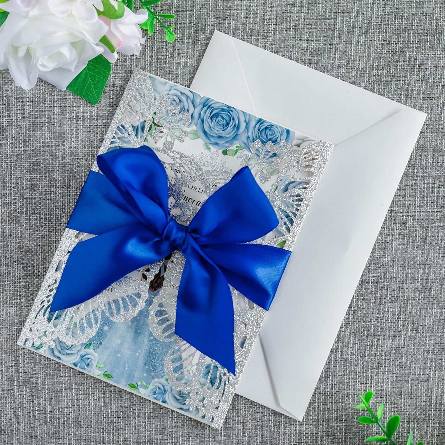 20 PCS 5.12x7.2 Butterfly Personalized Quinceanera Invitation, Customized XV Anos Laser Cut Invitation Cards with Envelopes (Silver Glitter Personalized)