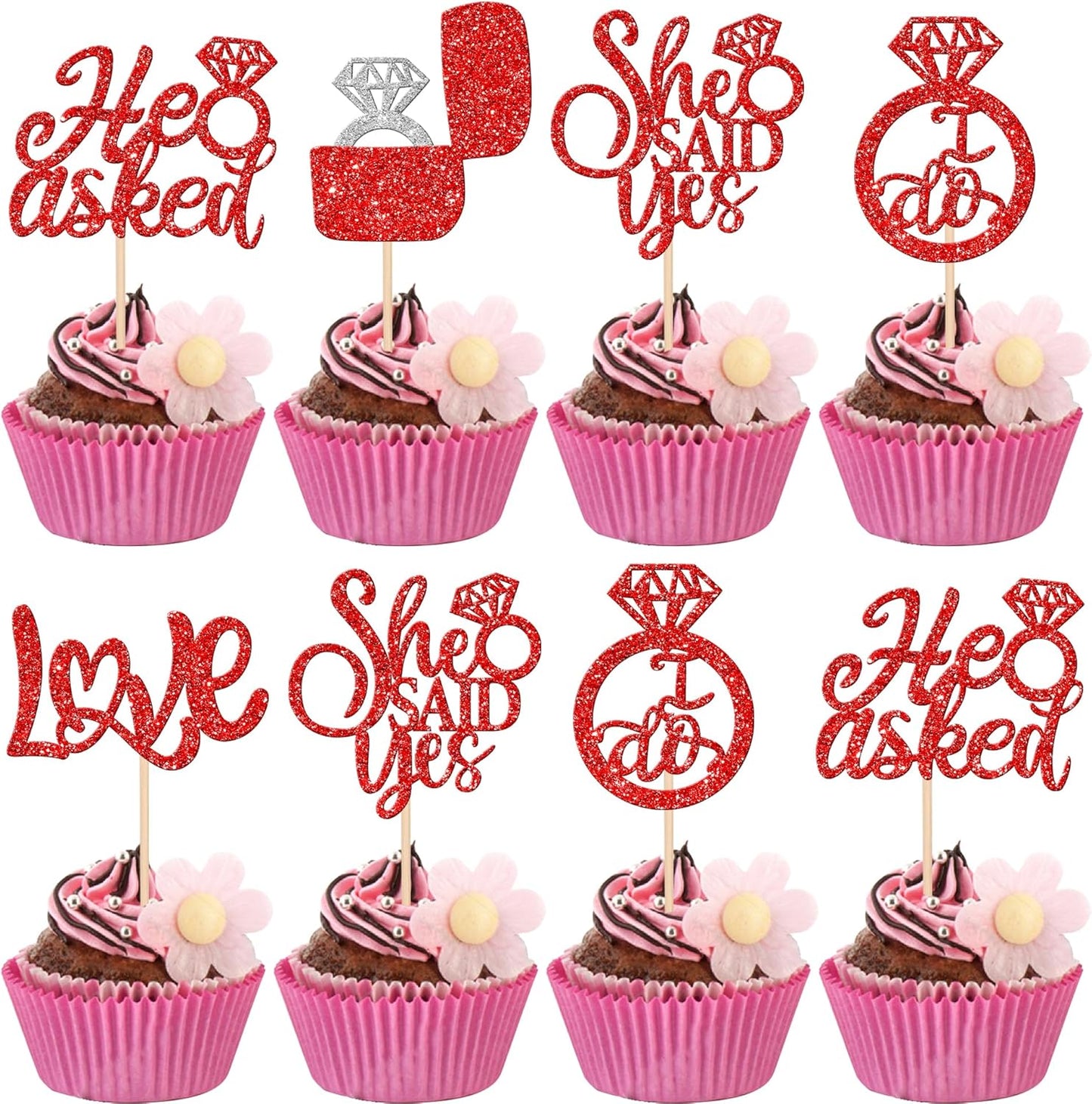 30 PCS He Asked She Said Yes Cupcake Toppers Diamond Ring Cupcake Picks Love I Do Bridal Shower Cupcake Decorations for Wedding Enaggement Theme Party Cake Decorations Supplies Red