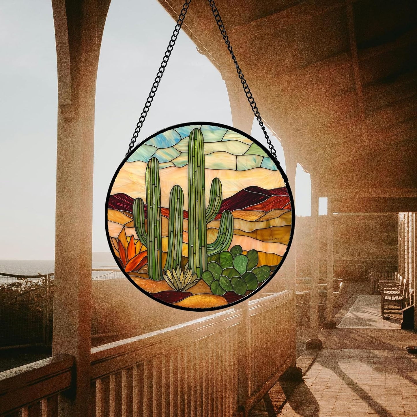 Stained Glass Window Hanging, Green Cactus Sun Catcher for Door Terrace Garden Home Decor, Abstract Desert Landscape Suncatcher Birthday Gifts for Lovers Women Men Dad Mom Nana 11.8 in