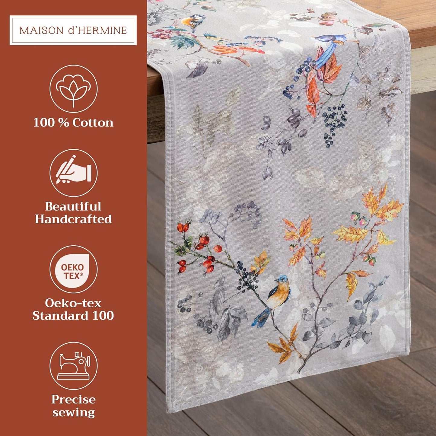 Maison d' Hermine Table Runner 100% Cotton Double Layer Table Runners 108 inches Long for Thanksgiving Christmas Decorations Home Kitchen Dining Party Wedding (Equinoxe - Grey, 14.5" x 108")