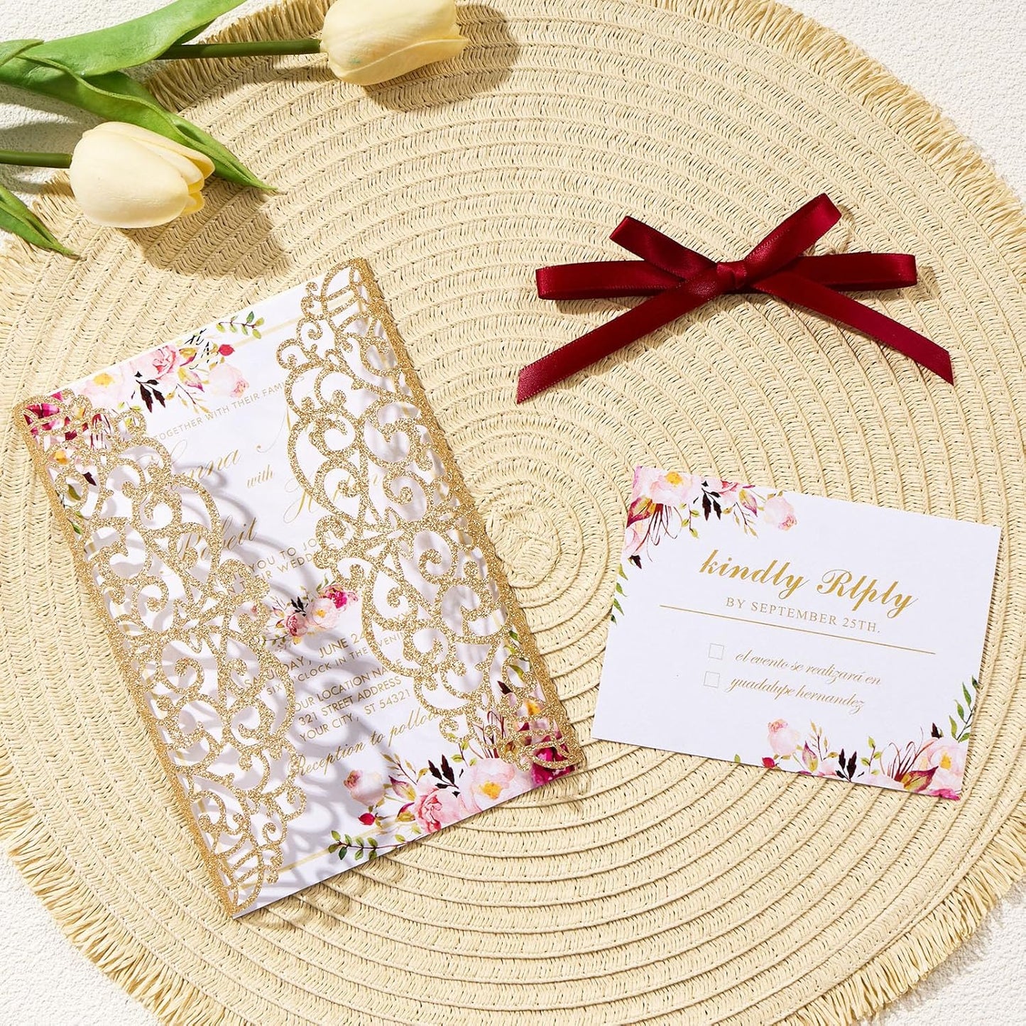 25pcs Personalized Wedding Invitations with Envelopes and RSVP Cards Blank Rose Gold 5×7 Glitter Laser Cut Invitation Pockets for Wedding Engagement Bridal Shower Birthday Quinceañera Anniversary