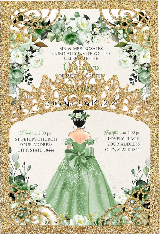 50Pcs Sage Green Crown Quinceanera Invitation for 15 year, Sweet 16, Miss XV, Birthday Laser Cut Quince Invitation Cards Personalized Glitter Gold