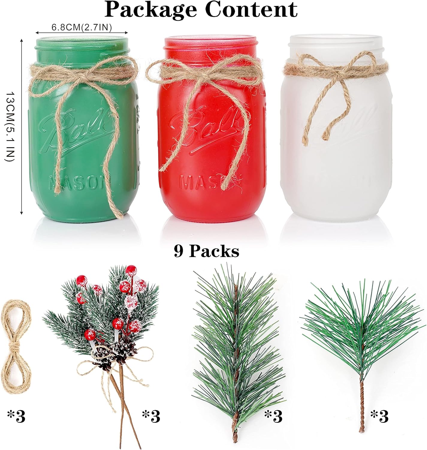 CNVOILA Christmas Centerpiece 3PC Set: Mason Jars, Table Decorations, Home & Coffee Table Decor