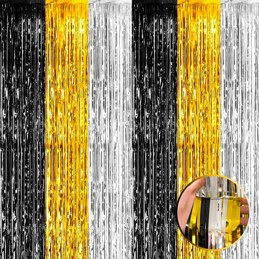 4 Pack Black Gold Silver Foil Fringe Curtain Backdrop, 3.28Ft x 8.2Ft Metallic Tinsel Foil Fringe Streamers for Photo Booth, Wedding, Notorious One Birthday Roaring 20s Graduation Party Decoration