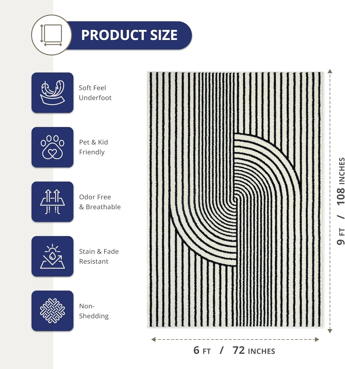 Abani Nuevo Collection Area Rug - Mid-Century Black and White Arch Knot Design - 6' x 9' - for Living Room, Bedroom & Office