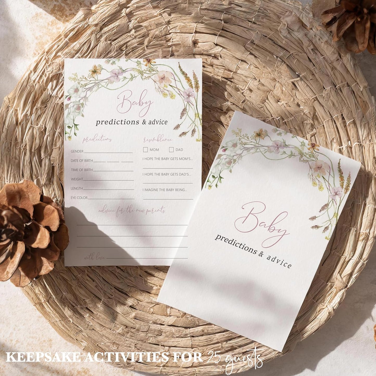 Advice For New Parents Baby Shower, Baby Predictions & Advice Cards For Baby Shower Games Activities, Wishes for Baby, 25 Double-Sided Thick Cards – Flower A04