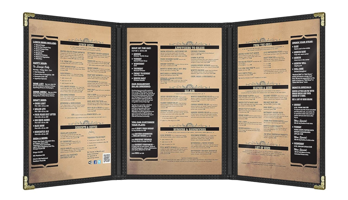 Goodsmart Restaurant Menu Covers – 25 Pack Black 6-View Trifold 5.5" x 8.5", Side-Loading Vinyl & Plastic Menu Holders, Clear Menu Sleeves, Leather-Style Café Covers with Gold Corners