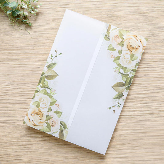 PONATIA 50PCS Vellum Jackets for 5x7 Invitation Cards- 135GSM Champagne Flowers Vellum Sleeves, VVellum Sleeves, 5x7 Clear Jackets - Wedding Invitations Wraps - Transparent Card Jackets