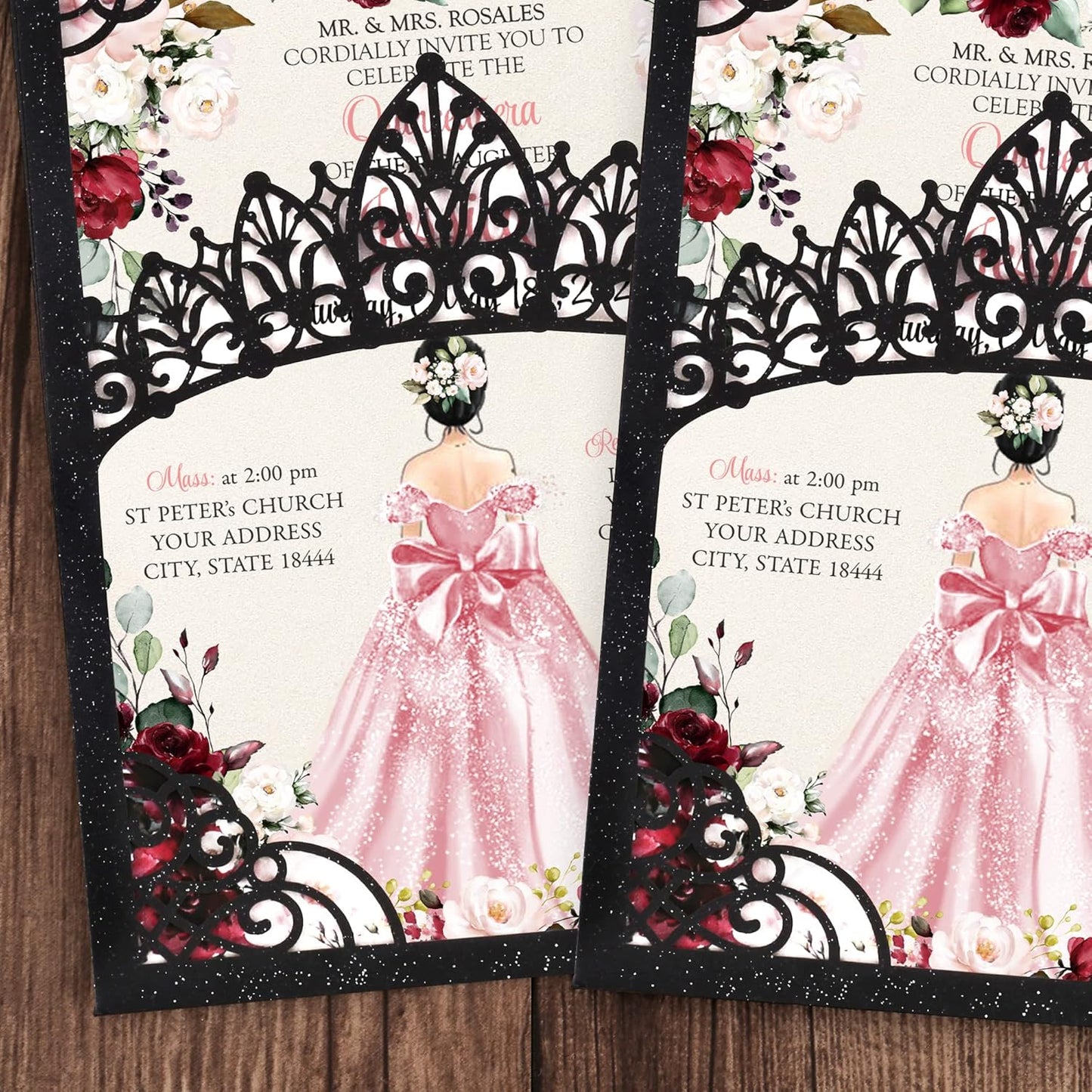 50Pcs Pink Crown Invitations for Quinceanera, 15 year, Sweet 16, Miss XV, Birthday Laser Cut Quince Invitation Cards Personalized Pearlized Black