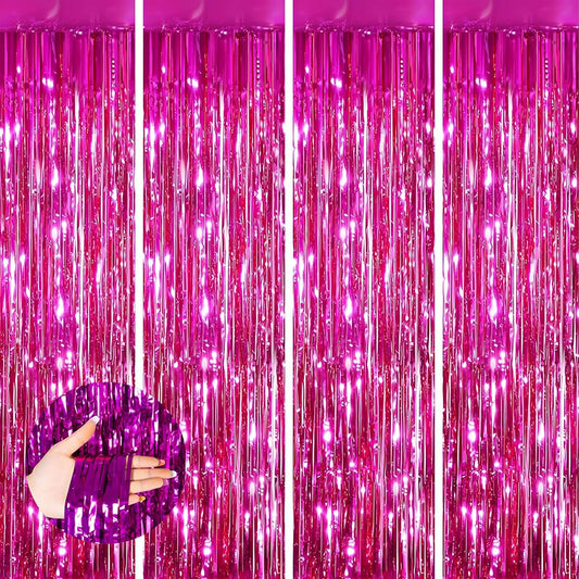 Keyali 4 Pack 3.3 * 8.3 ft Foil Curtain Metallic Tinsel Fringe Curtains Photo Booth Props Backdrop for Birthday Wedding Engagement Baby Shower Christmas Holiday Celebration Partyl,Hot Pink