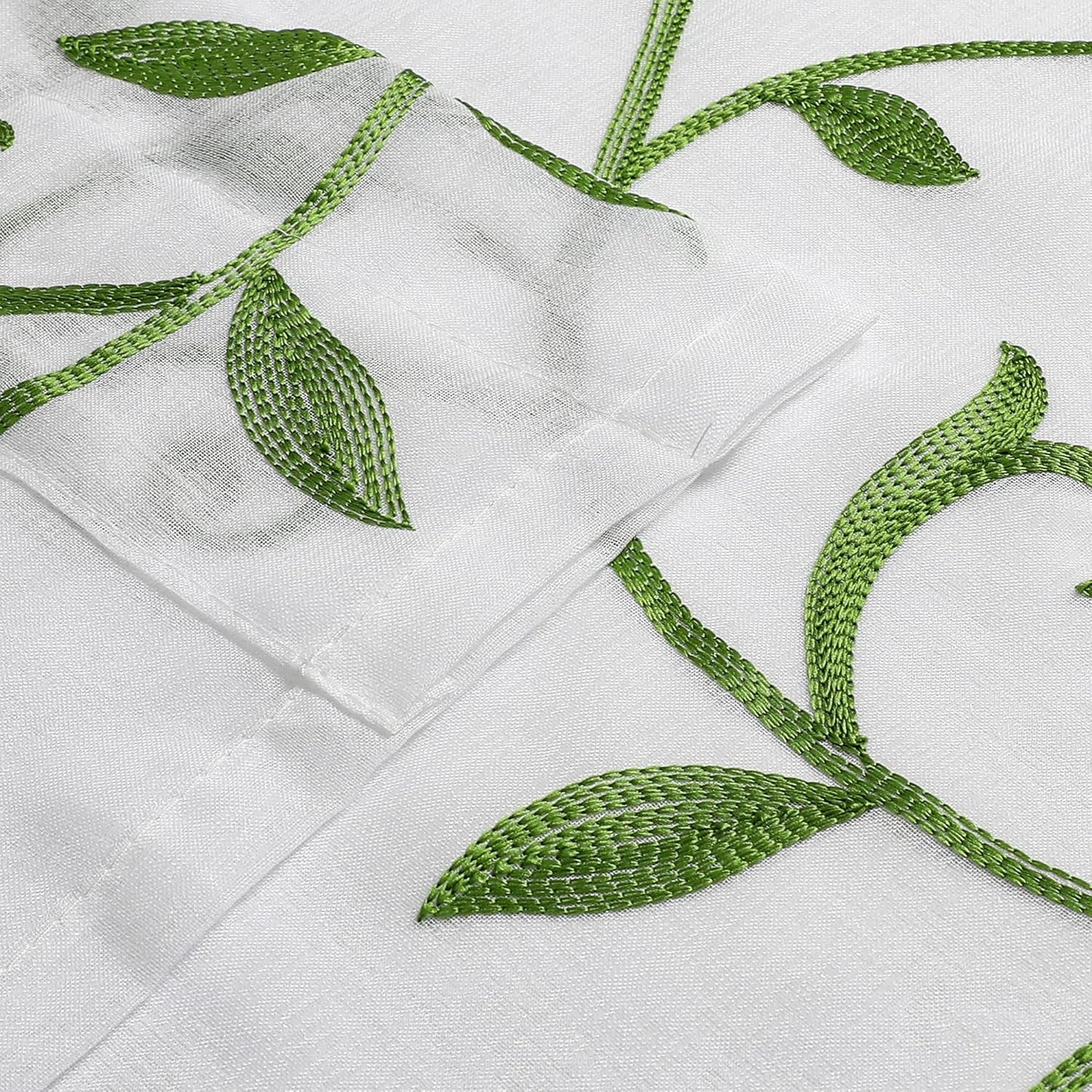 VISIONTEX Embroidered Green Sheer Voile Curtains, Leaves Embroidery Faux Linen Rod Pocket Window Drapes for Living Room and Girls Bedroom 54 x 108 Inch, Set of 2 Curtain Panels