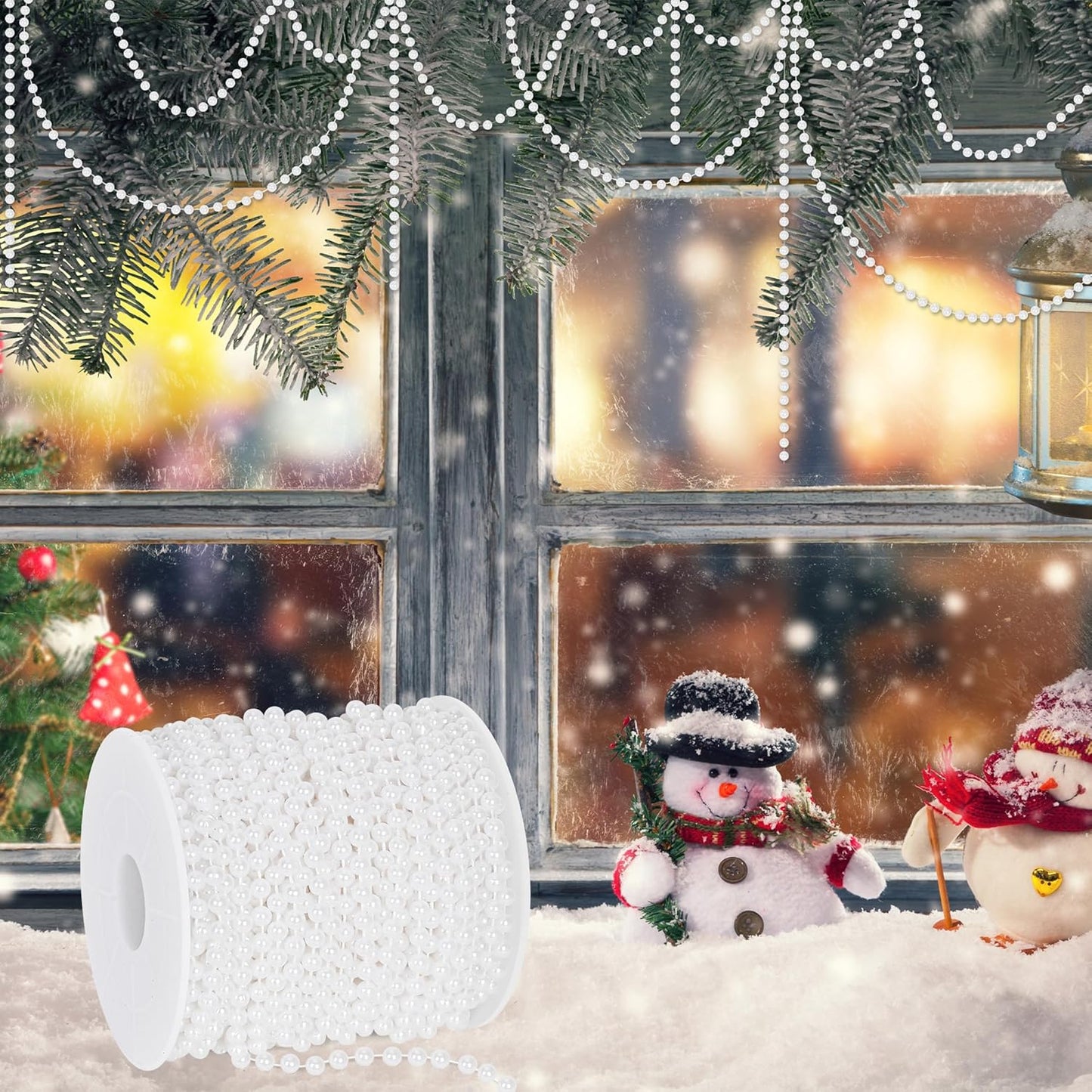 100 Feet White Christmas Tree Garland, Artificial Beads Strands Chain, Christmas Tree Decorations for DIY Xmas Tree Decorations Fireplace Balcony Home Party Decor