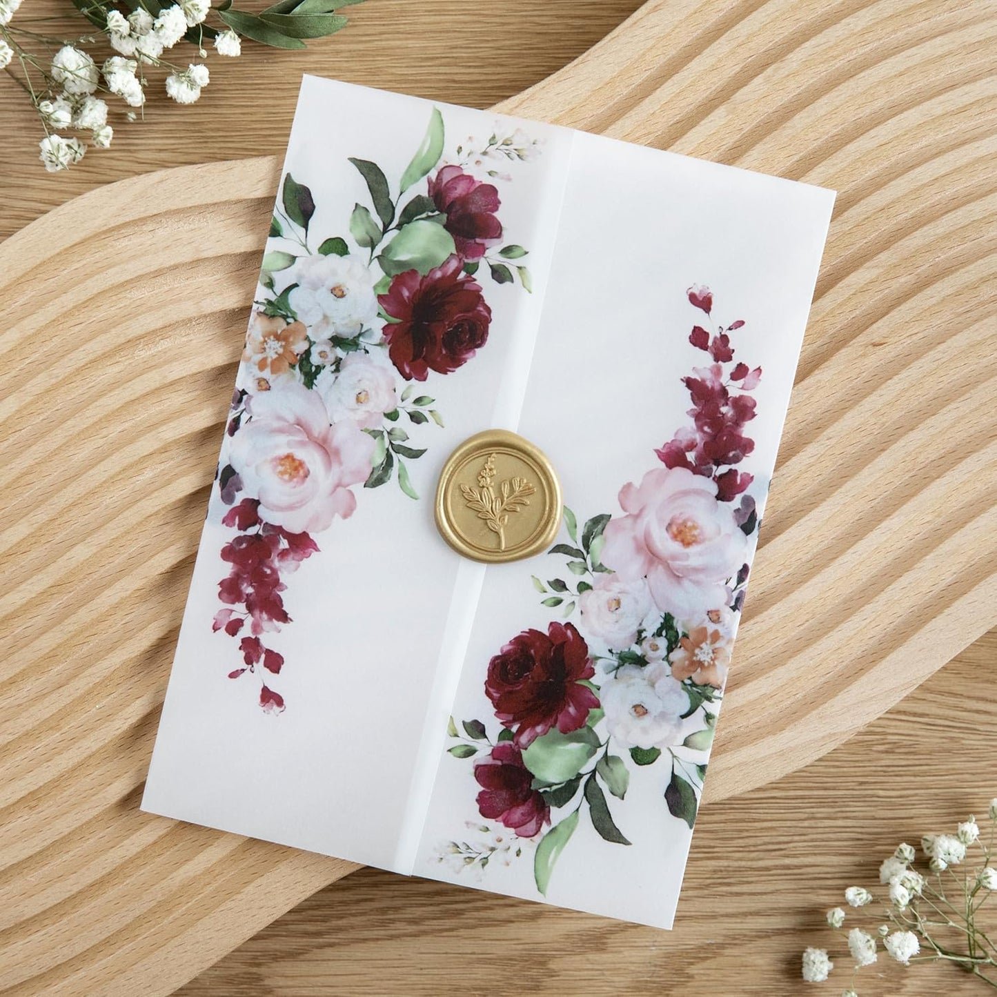 PONATIA 50 PCS Vellum Jackets for 5x7 Invitations- 135gsm Burgundy Floral Printed Vellum Sleeves, Quinceanera Wedding Invitation Cards Wraps