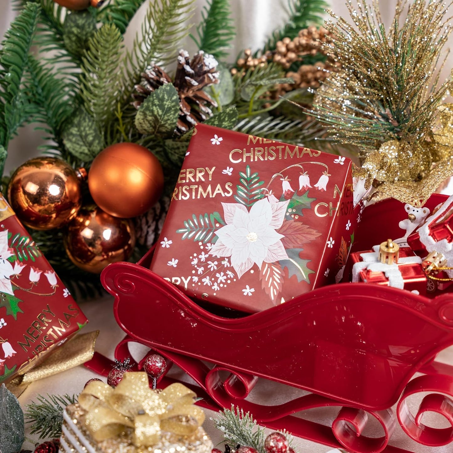 LeZakaa Christmas Wrapping Paper Roll - Red Flower & Merry Christmas Gold Foil Pattern for Holiday, Party - 17 inches x 32.8 Feet (46.45 sq.ft.)