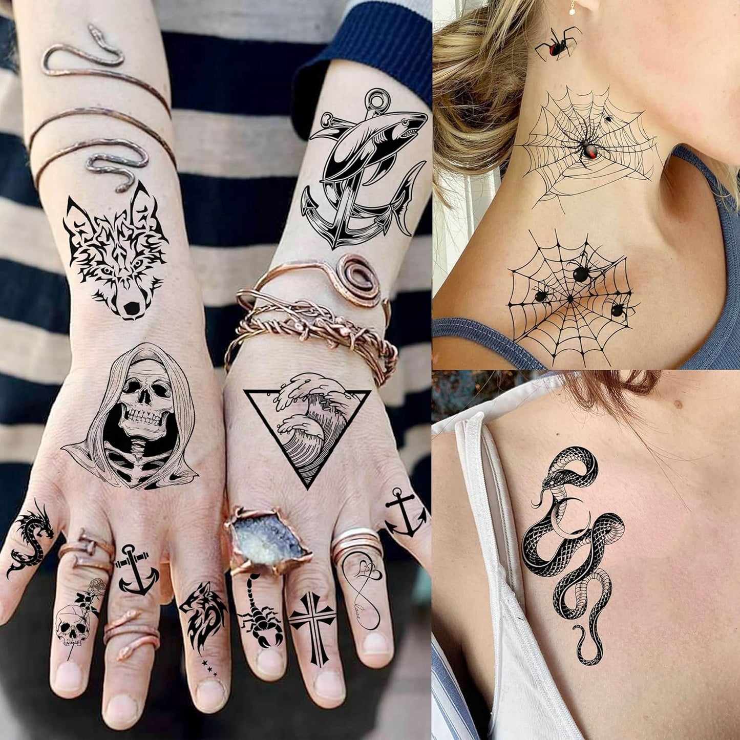 59 Sheets 3D Black Halloween Temporary Tattoos For Men Women Kids, Long Lasting Temp Fake Sleeeve Tattoos For Adults, Large Realistic Skull Skeleton Owl Wolf Lion Tiger Ship Tatoo Sticker Arm