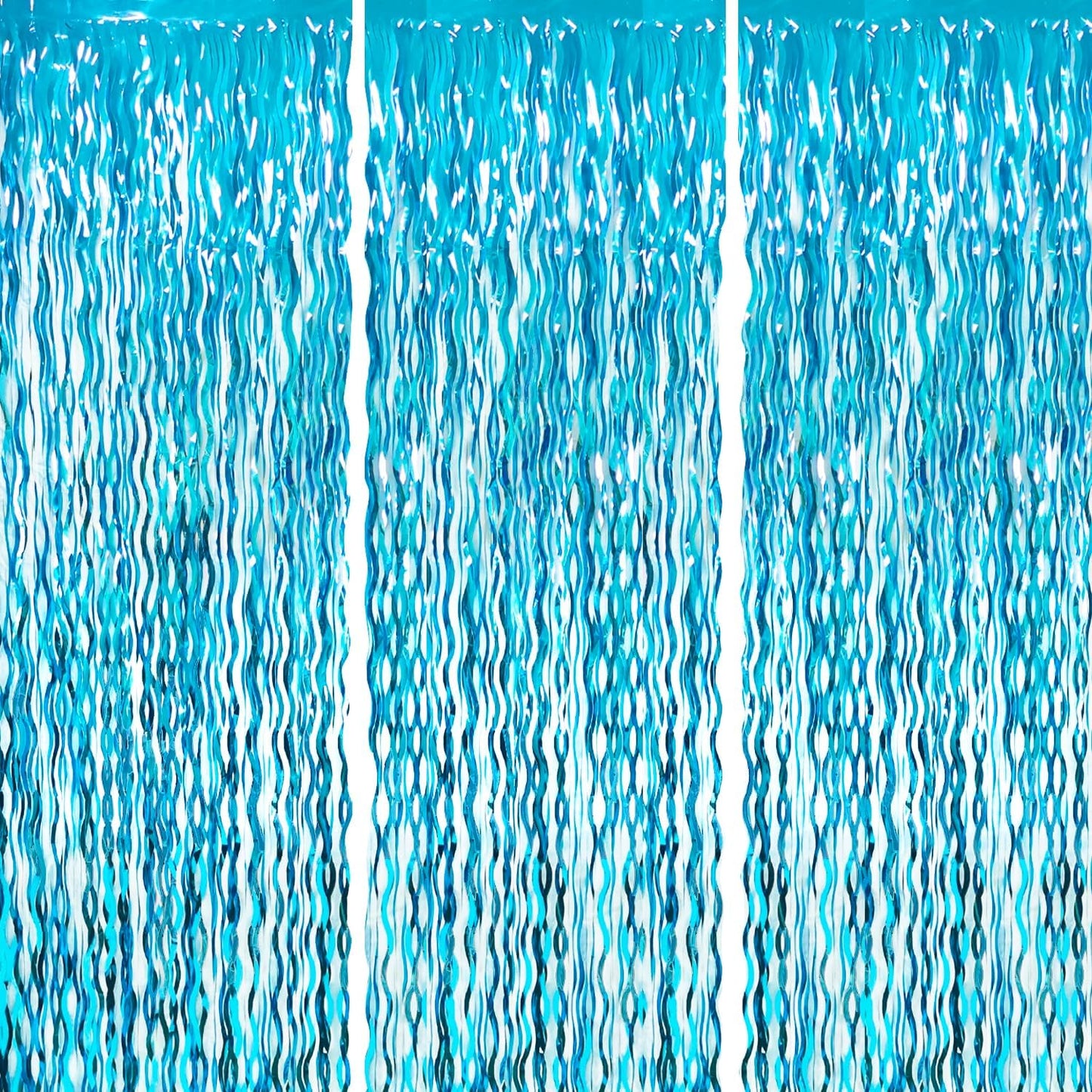 Goer Metallic Tinsel Foil Fringe Curtains for Party Photo Backdrop Wedding Decor (3 Pcs,Wavy Light Blue)