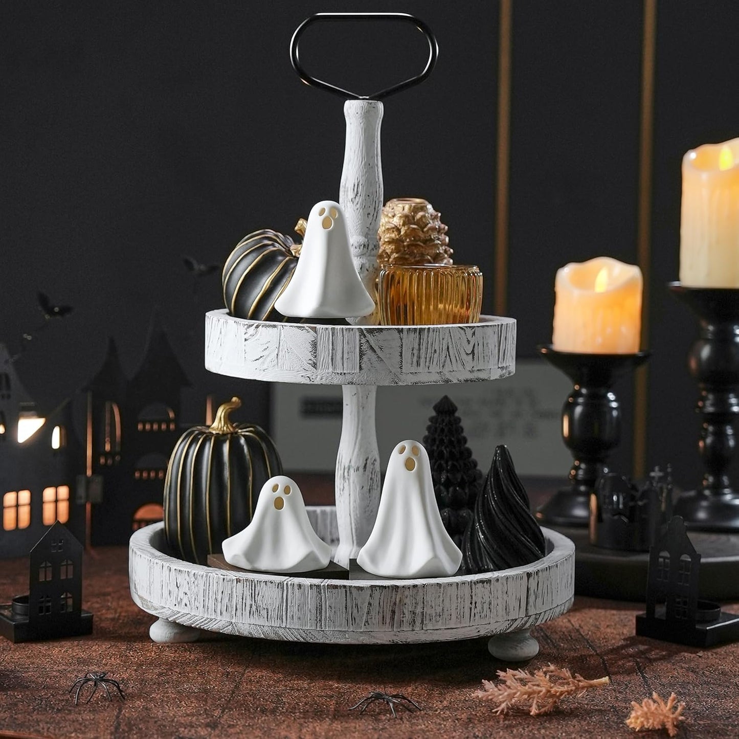 Ceramic Ghost Decor, 3Pcs Light Up Ghosts for Indoor Halloween Decorations, Battery Powered White Mini Ghost Figurines with LED for Spooky Halloween, Home Tabletop Shelf Centerpieces