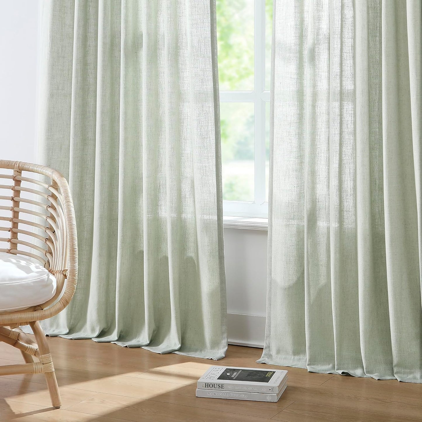 Vision Home Light Green Pinch Pleated Semi Sheer Curtains Textured Linen Blended Light Filtering Window Curtains 84 inch for Living Room Bedroom Patio Pinch Pleat Drapes with Hooks 1 Panel 60" Wx84 L