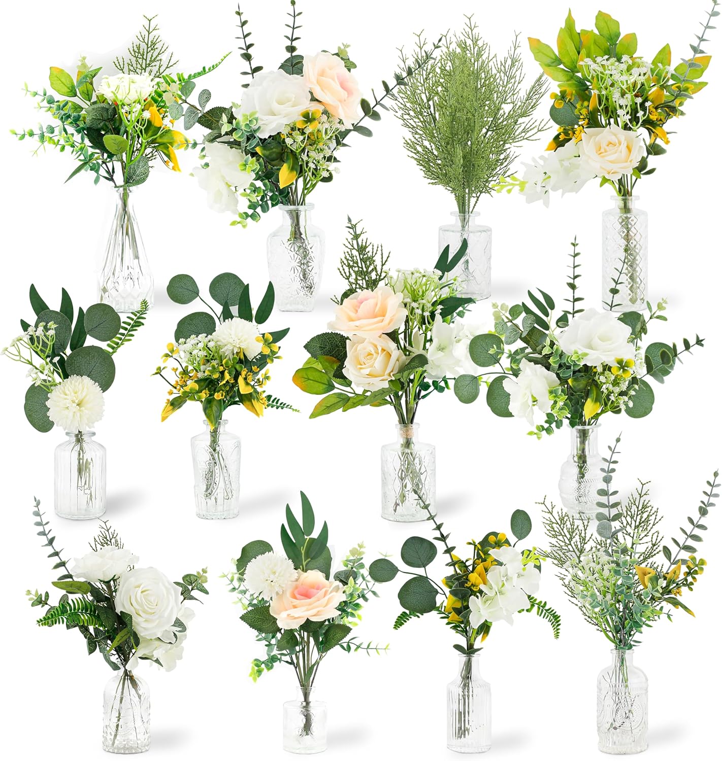114Pcs Artificial Flowers in Vases Set, Fake Flower Greenery Stem Bulk Sets with 12Pcs Glass Bud Vases, Artificial Plants & Flowers for Wedding Centerpiece Table Decorations