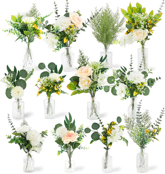 114Pcs Artificial Flowers in Vases Set, Fake Flower Greenery Stem Bulk Sets with 12Pcs Glass Bud Vases, Artificial Plants & Flowers for Wedding Centerpiece Table Decorations