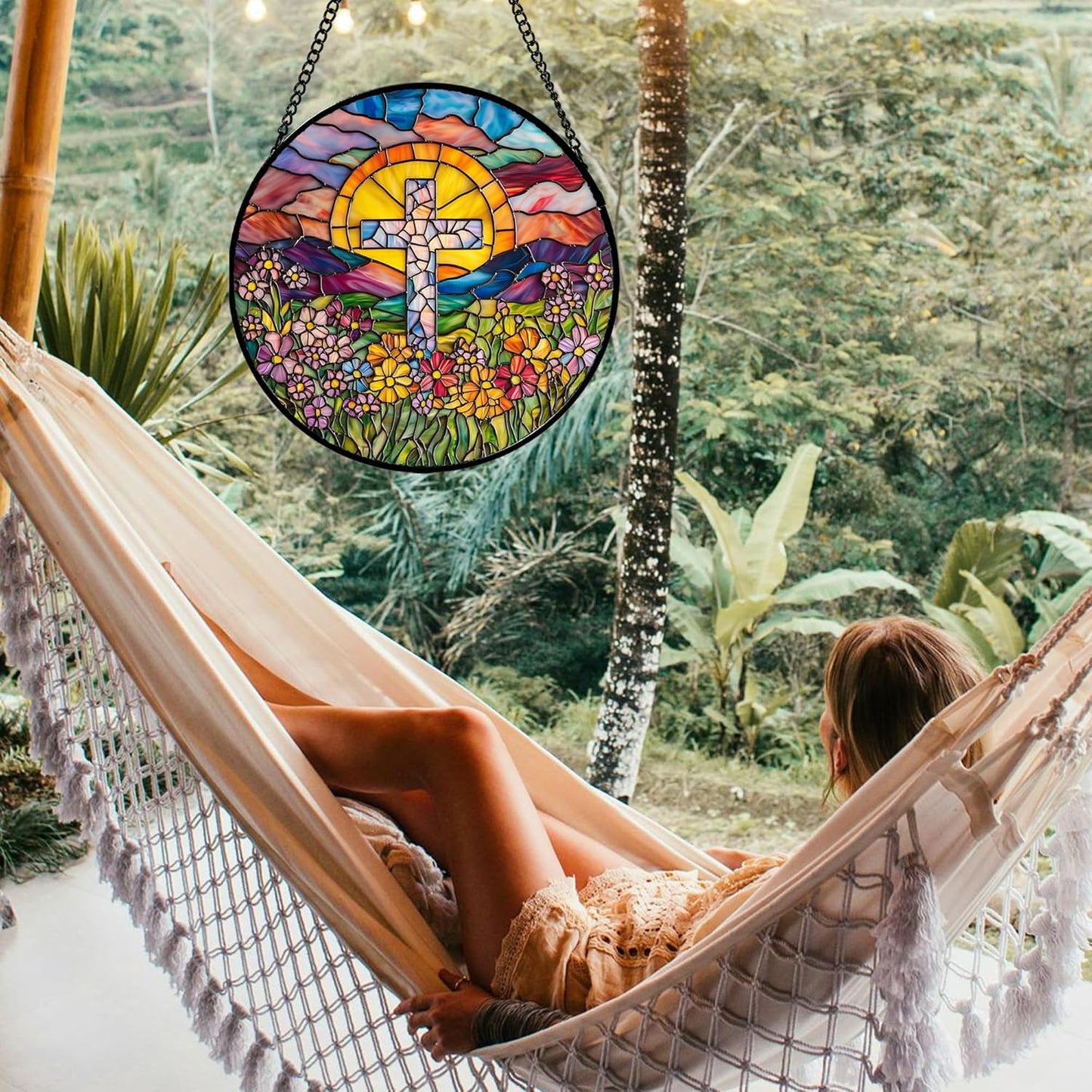 Stained Glass Window Hanging - Cross Flower Sea Sun Catcher for Door Terrace Garden Home Decor, Mountains Landscape Suncatcher Birthday Gifts for Lovers Women Men Dad Mom Nana 11.8 in