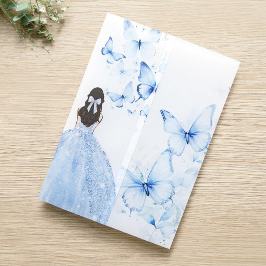 PONATIA 50 PCS Vellum Jackets for 5x7 Invitations - Vellum Paper 5x7 Jackets - 135GSM Blue Girl Butterfly Quinceanera Invitations Wraps - Transparent Cards