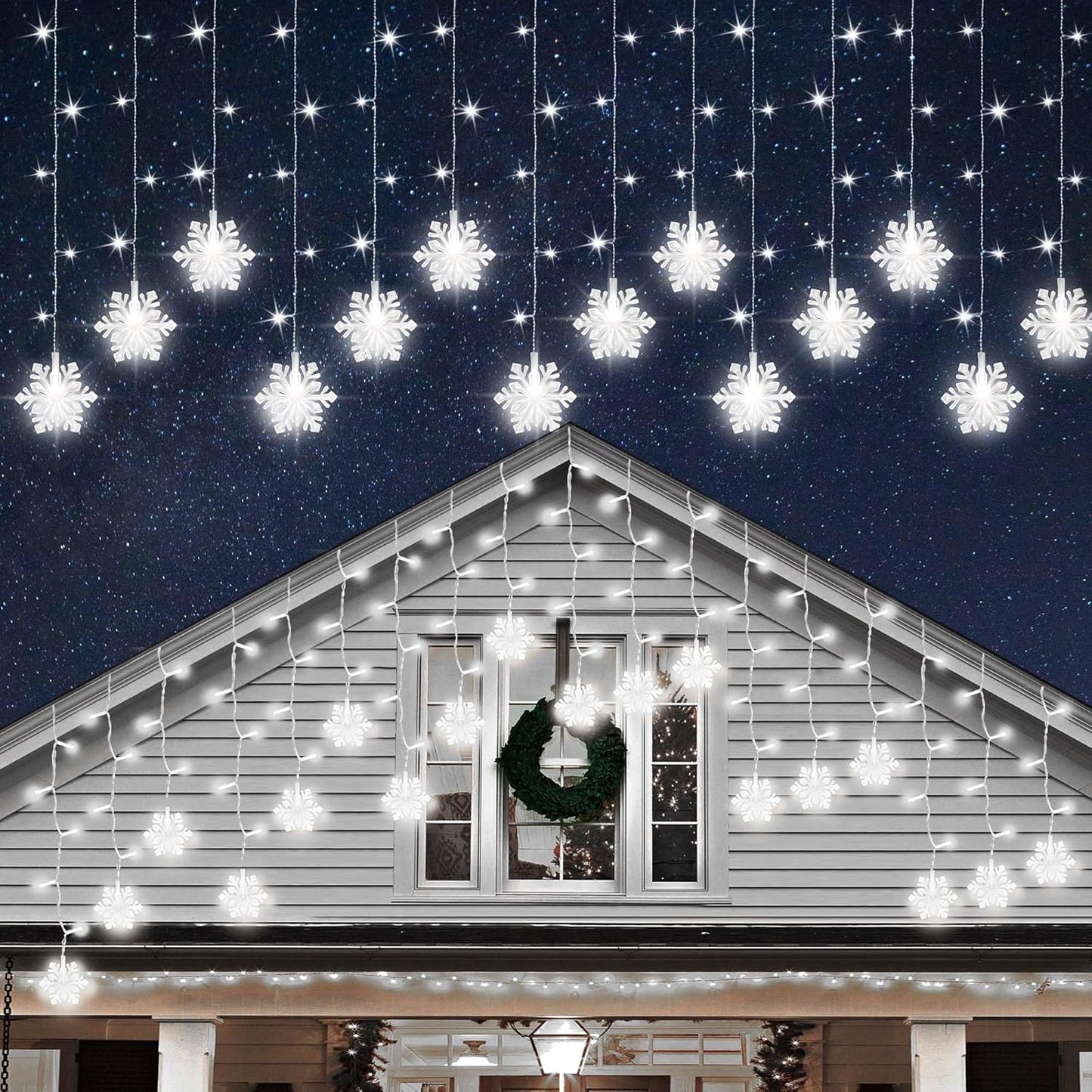 Christmas White Icicle Lights with Snowflake, 150 LED Curtain Lights with 8 Lighting Modes, Plug in Twinkle Lights for Home Christmas Wedding Party Decoration