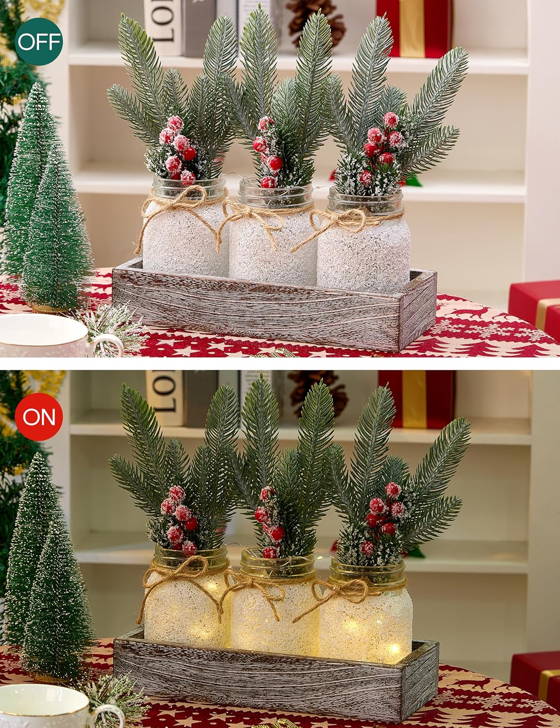 Christmas Centerpieces for Tables, Table Decor with Mason Jar, Flowers Picks, Farmhouse Wood Tray, Christmas Winter Table Decorations Centerpieces, Xmas Holiday, Kitchen, Room, Dining Decor