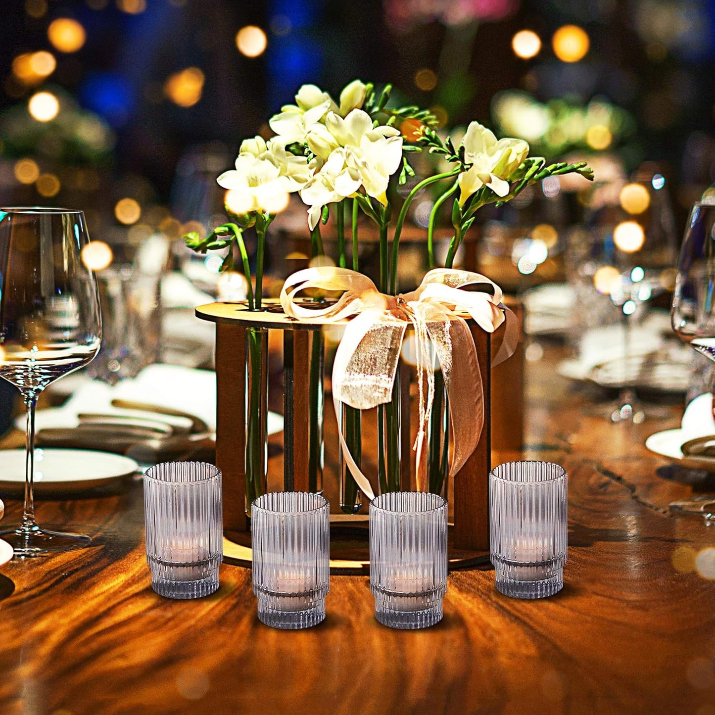 Serene Spaces Living Set of 4 Short Smoke Grey Ribbed Glass Votive Holder, Perfect for Weddings and Home Décor, Measures 3.75" Tall and 2.25" Diameter