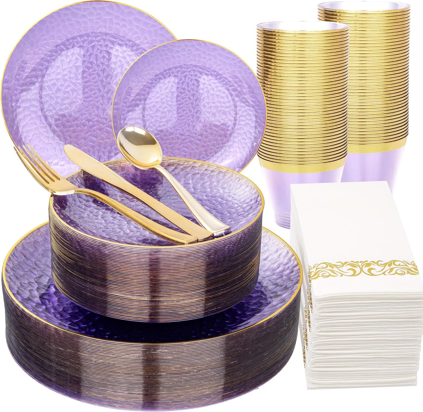 Rubtlamp 175 Pcs Purple Plastic Dinnerware Set (25 Guests), Clear Purple Plates With Gold Rim, Hammered Party Platos, Plates And Cups And Napkins Sets for Wedding, Party