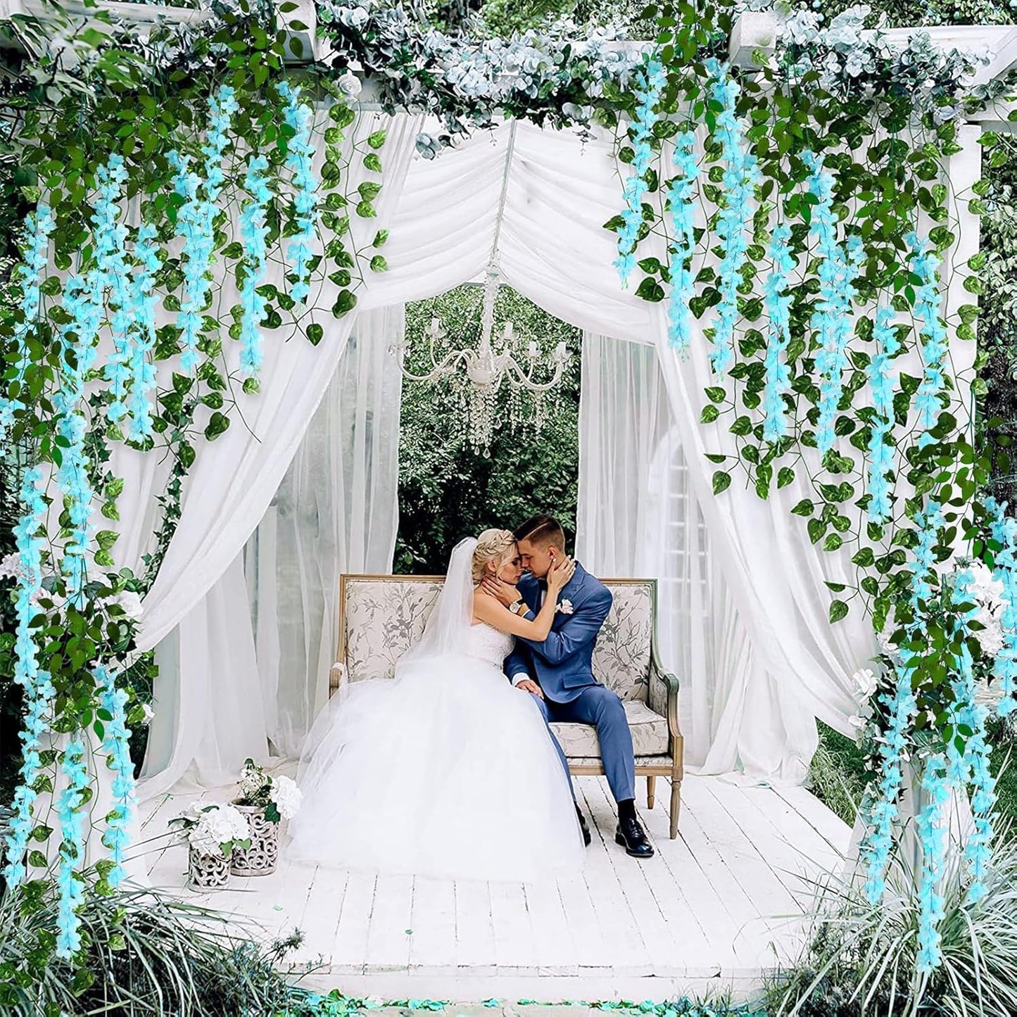 5 Pack Teal Wisteria Hanging Flowers Garland, 3.77 Feet Artificial Flower Vines, Fake Wisteria, Artificial Vines Hanging Garland for Backdrop Outdoor Yard Garden Decor