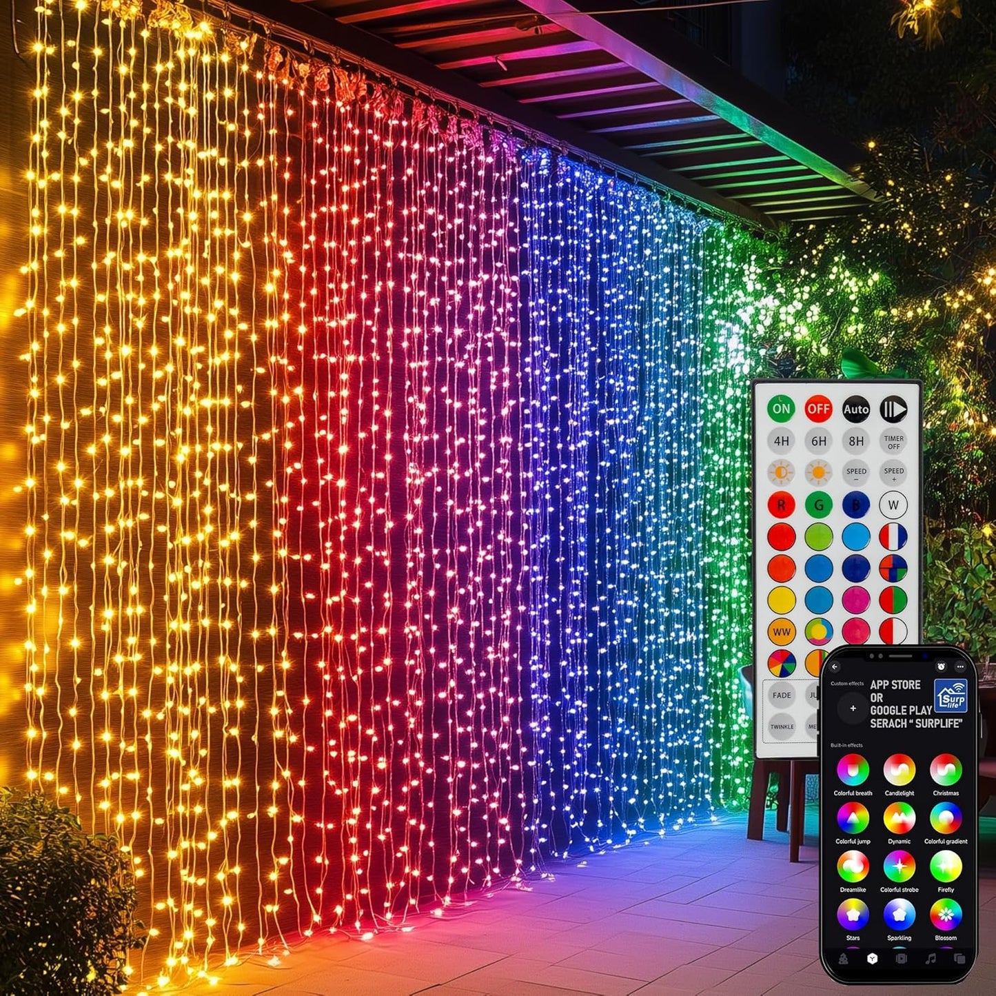 Dazzle Bright 300 LED Curtain String Lights, RGB Color Changing Christmas Fairy Lights for Bedroom with Remote & APP Control, Waterproof Smart Window Lights Party Wedding Garden Wall Decor