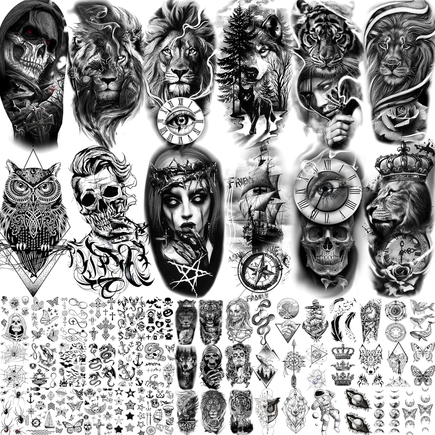 59 Sheets 3D Black Halloween Temporary Tattoos For Men Women Kids, Long Lasting Temp Fake Sleeeve Tattoos For Adults, Large Realistic Skull Skeleton Owl Wolf Lion Tiger Ship Tatoo Sticker Arm