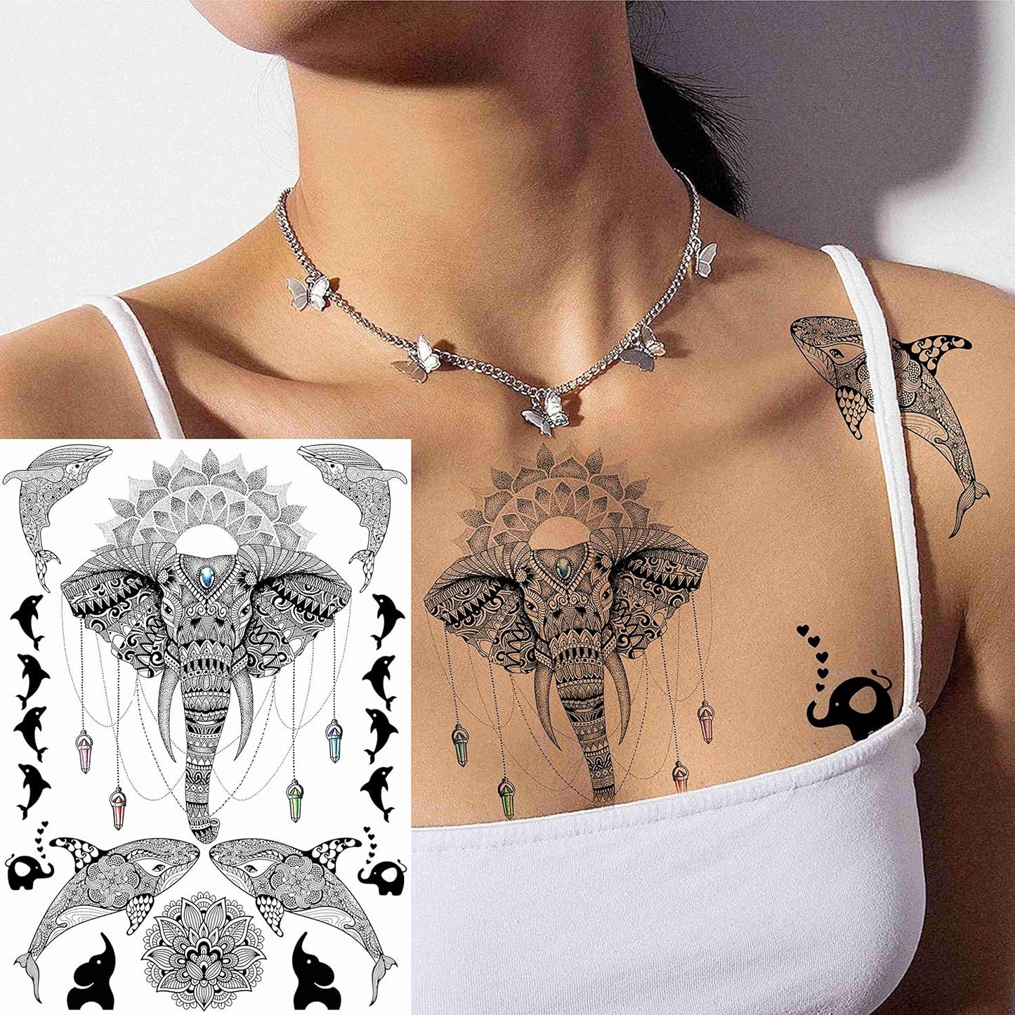 28 Sheets Tribal Black Temporary Tattoos For Women Girls, Waterproof Fake Tattoos Temporary Elephant Ganesha Lace Tattoo Kits, Lotus Mandala Flower Tatoo Sticker Moon Neck Chest Arm Butterfly