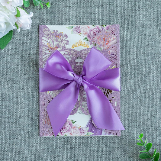 20 PCS 5.12x7.2 Butterfly Quinceanera Invitation, Laser Cut Wedding Invitation Cards with Envelopes for XV Anos Bridal Shower Baby Shower Invite (Purple Glitter)