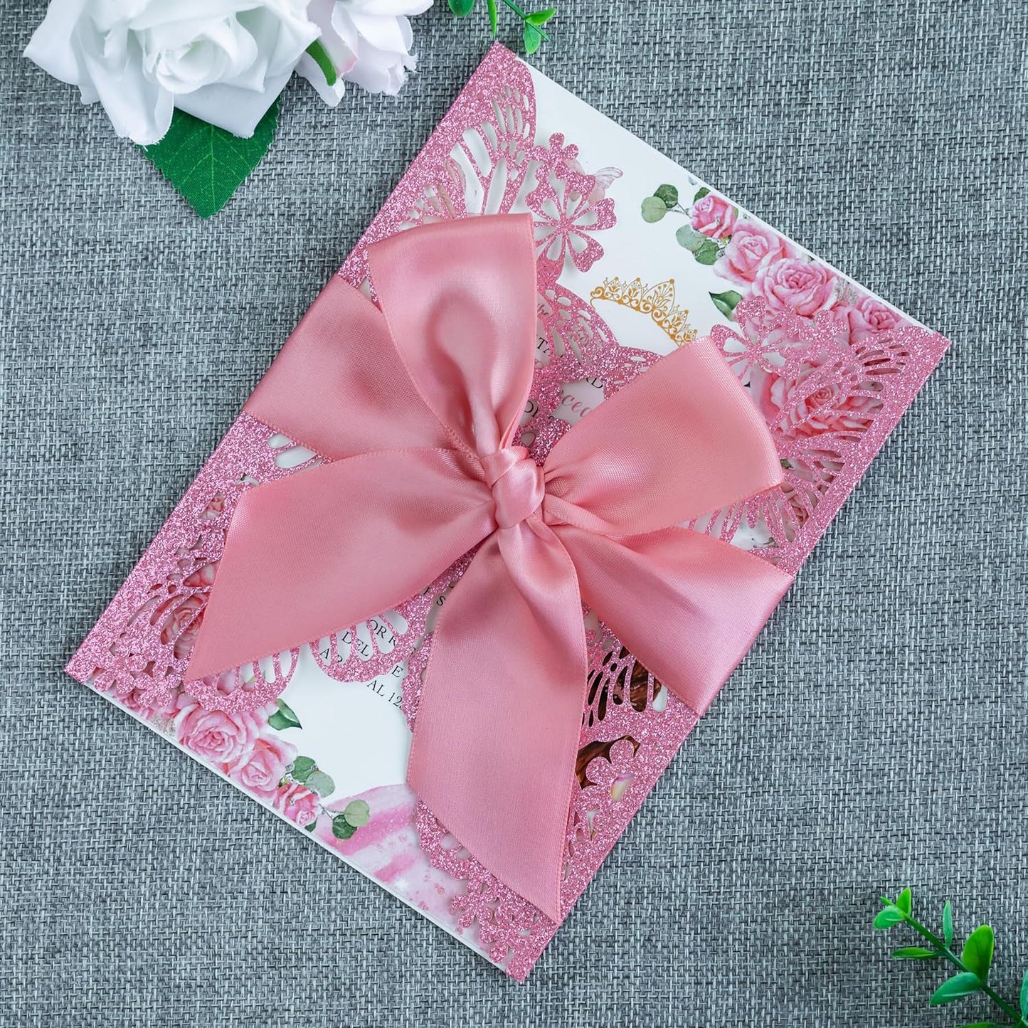 20 PCS 5.12x7.2 Butterfly Quinceanera Invitation, Laser Cut Wedding Invitation Cards with Envelopes for XV Anos Bridal Shower Baby Shower Invite (Pink Glitter)