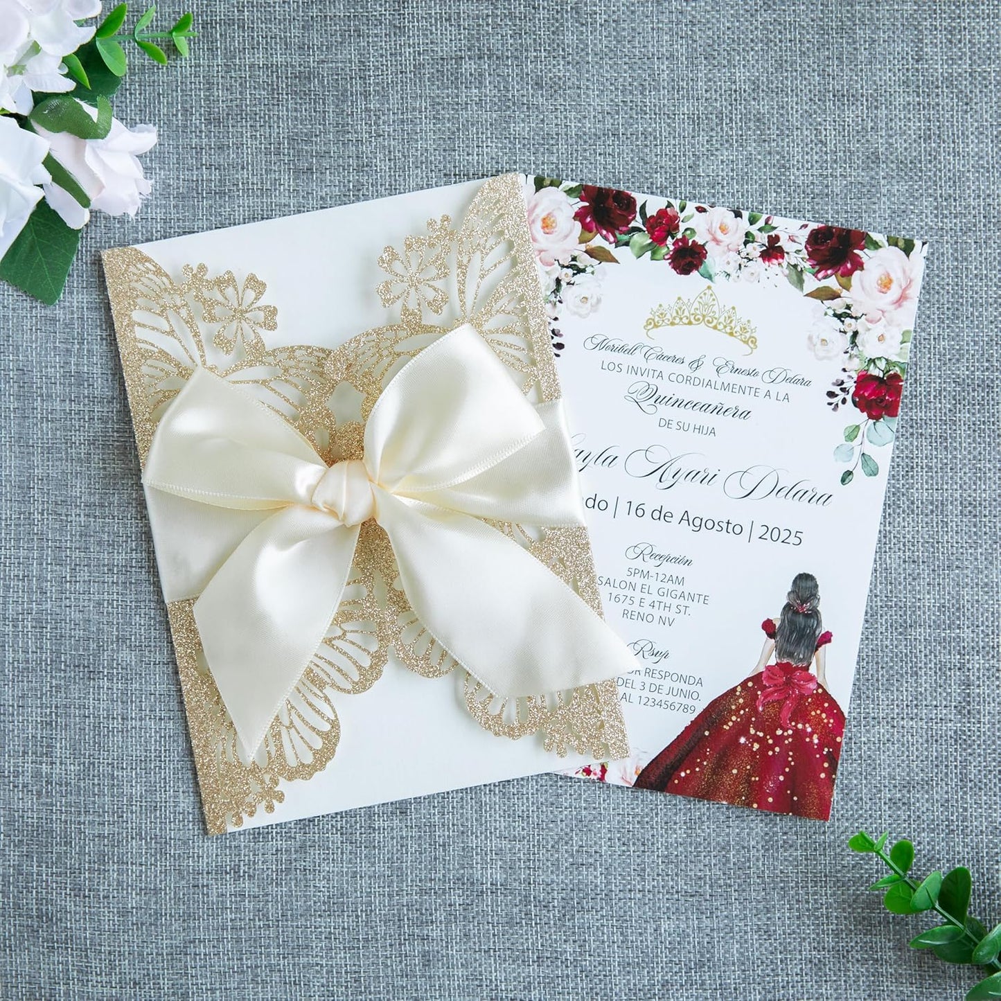 20 PCS 5.12x7.2 Butterfly Personalized Quinceanera Invitation, Customized XV Anos Laser Cut Invitation Cards with Envelopes (20 PCS Light Gold Personalized)