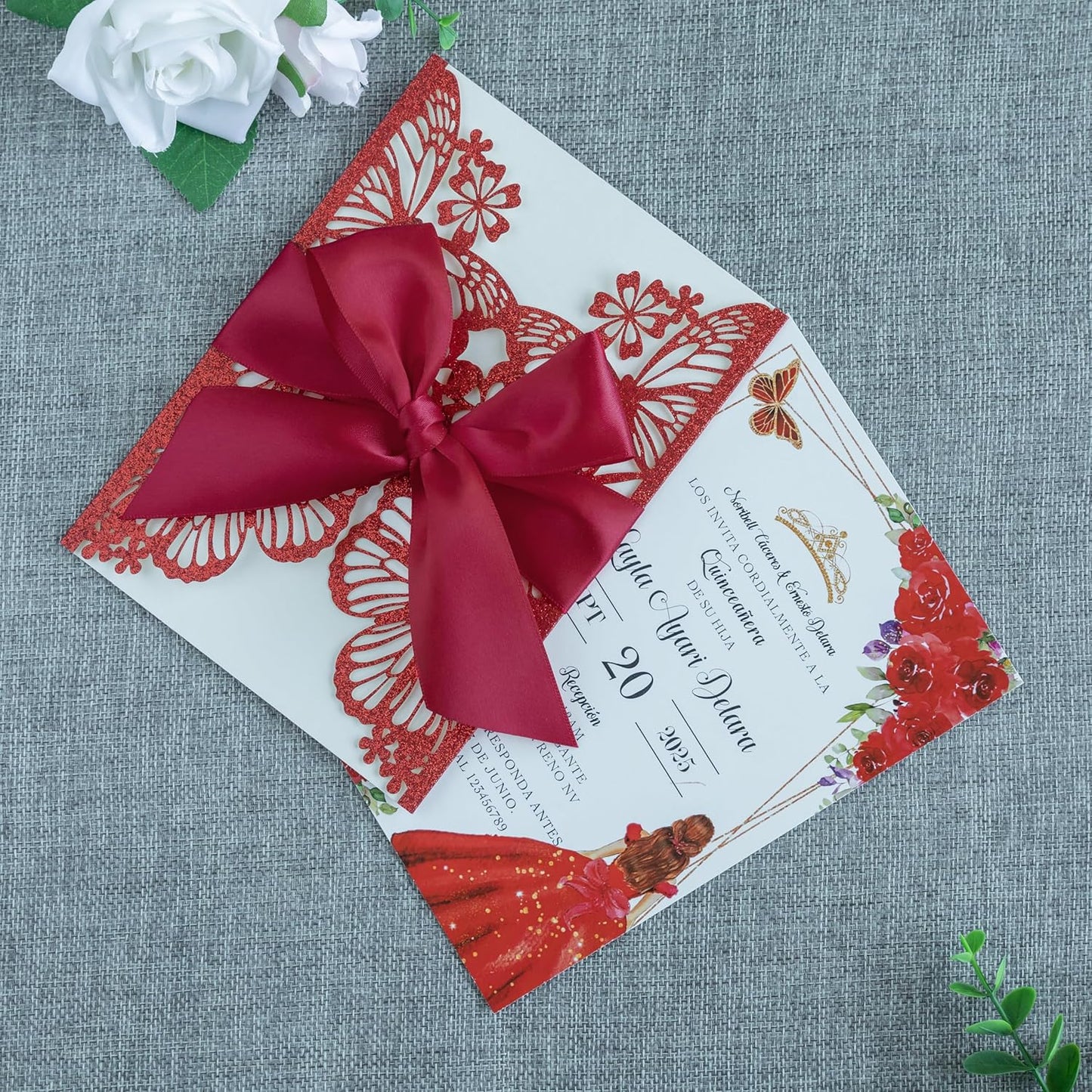 20 PCS 5.12x7.2 Butterfly Quinceanera Invitation, Laser Cut Wedding Invitation Cards with Envelopes for XV Anos Bridal Shower Baby Shower Invite (Red Glitter)