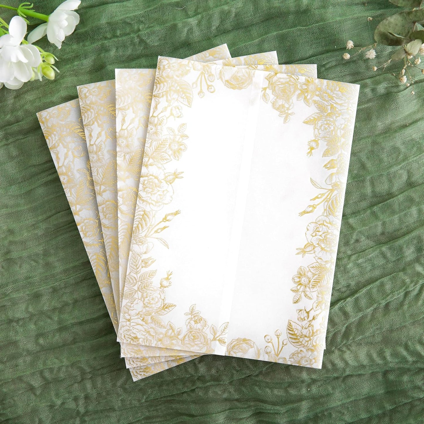 PONATIA 50 PCS Vellum Jackets for 5x7 Invitations- 135gsm Gold Foil Print Floral Printed Vellum Sleeves, Quinceanera Wedding Invitation Cards Wraps, Transparent Christmas Gift Cards Jackets