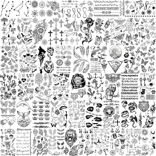 52 Sheets Tiny Small Temporary Tattoos For Kids Boys Girls, Tribal Animals Butterfly Anchor Compass Tattoo Stickers For Men Women, 3D Cute Flower Fake Face Tatoo Kits Sets For Neck Arm Hands