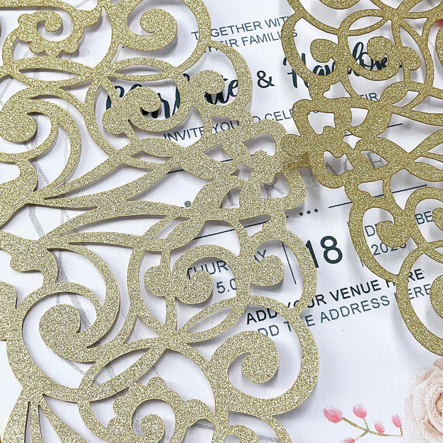 50Pcs Laser Cut Wedding Invitation With Glitter Envelopes And Ribbons Blank Personalized Card Invitaciones Para quinceañera Birthday Baby Shower Christmas Party Bridal Shower (Gold)