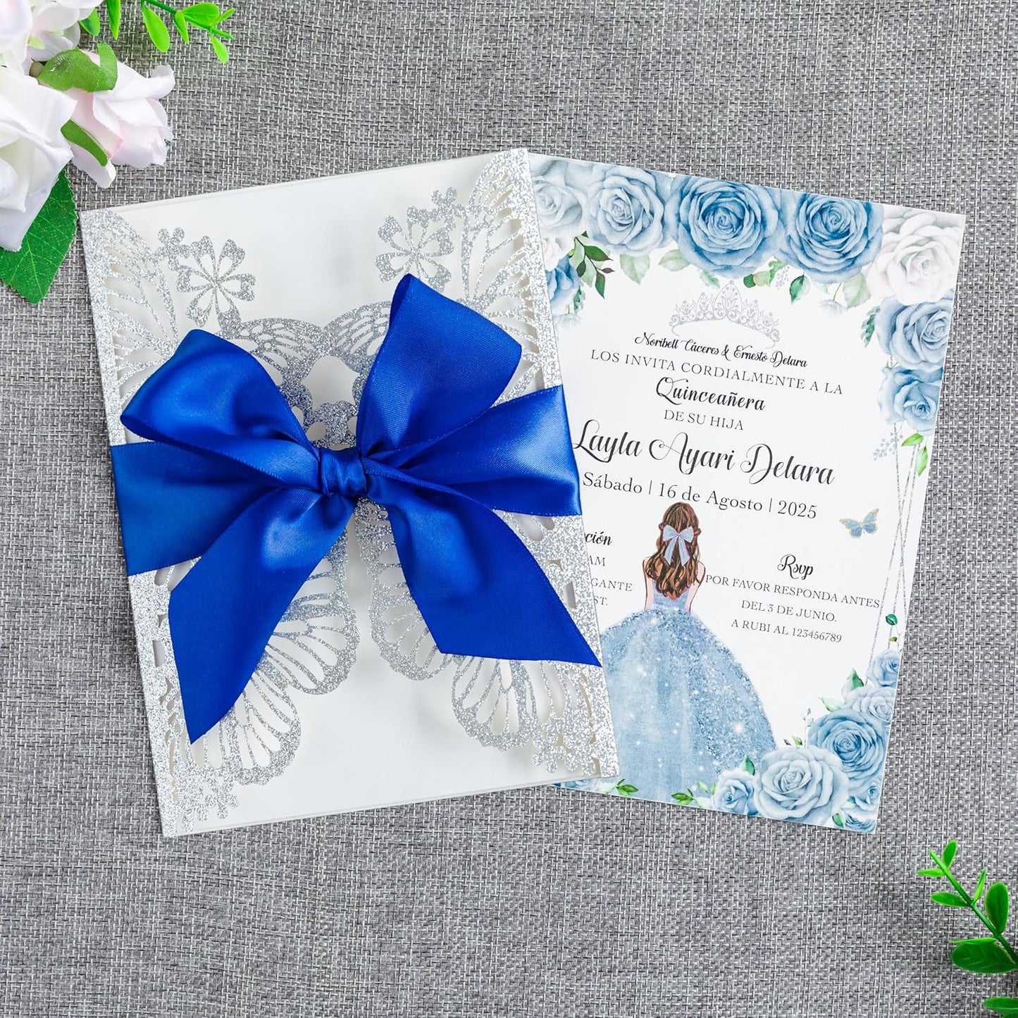 20 PCS 5.12x7.2 Butterfly Personalized Quinceanera Invitation, Customized XV Anos Laser Cut Invitation Cards with Envelopes (Silver Glitter Personalized)