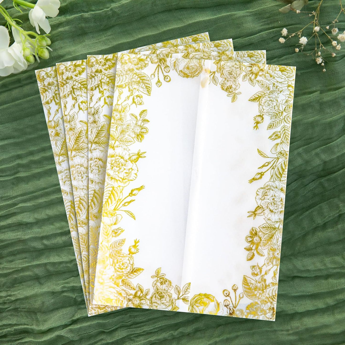 PONATIA 50 PCS Vellum Jackets for 5x7 Wedding Invitation Cards- 135gsm Floral Printed Vellum Sleeves, Invitation Cards Wraps (Champagne Gold Foil)