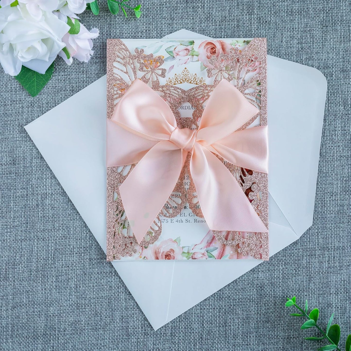 20 PCS 5.12x7.2 Butterfly Personalized Quinceanera Invitation, Customized XV Anos Laser Cut Invitation Cards with Envelopes (Rose Gold Personalized)