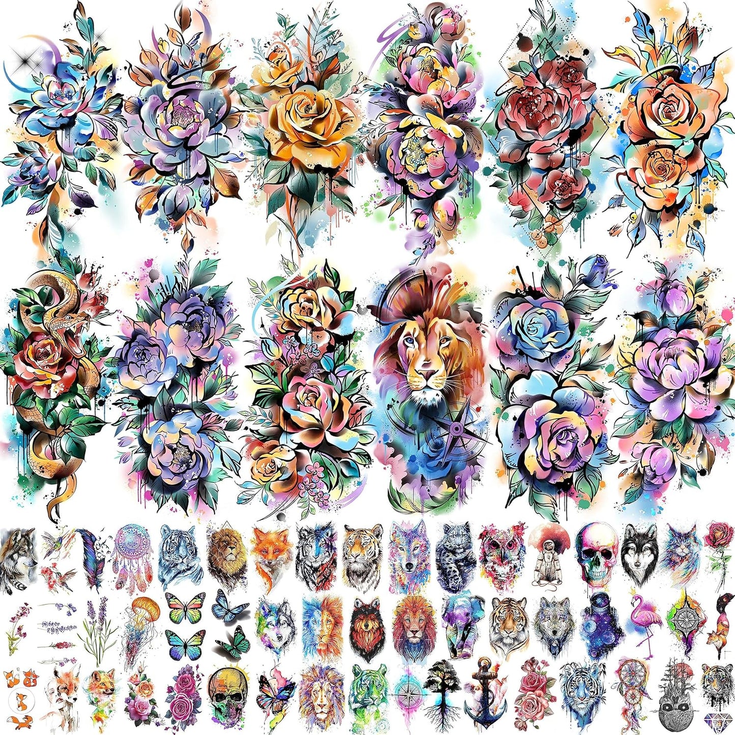 63 Sheets 3D Watercolor Rose Temporary Tattoos For Women Arm Girls Adults, Water Color Peony Flower Tattoo Sticker, Bulk Temp Fake Long Lasting Tattoo Colorful Floral Moon Snake Lion Wolf Tiger
