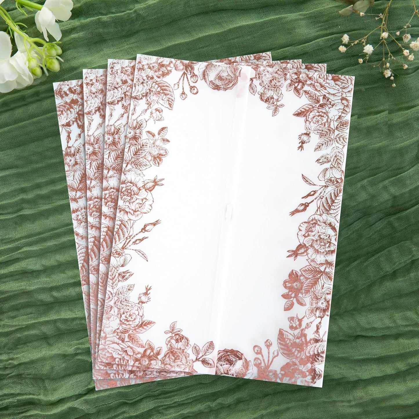 PONATIA 50 PCS Vellum Jackets for 5x7 Wedding Invitation Cards- 135gsm Floral Printed Vellum Sleeves, Invitation Cards Wraps (Rose Gold Foil)