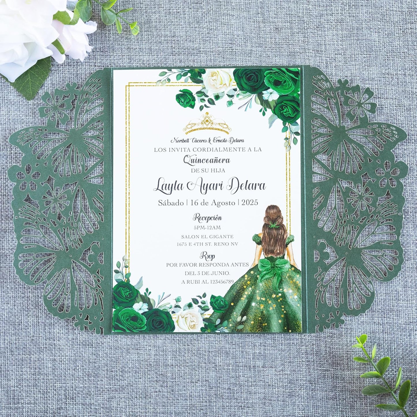 20 PCS 5.12x7.2 Butterfly Personalized Quinceanera Invitation, Customized XV Anos Laser Cut Invitation Cards with Envelopes (Emerald Green Personalized)
