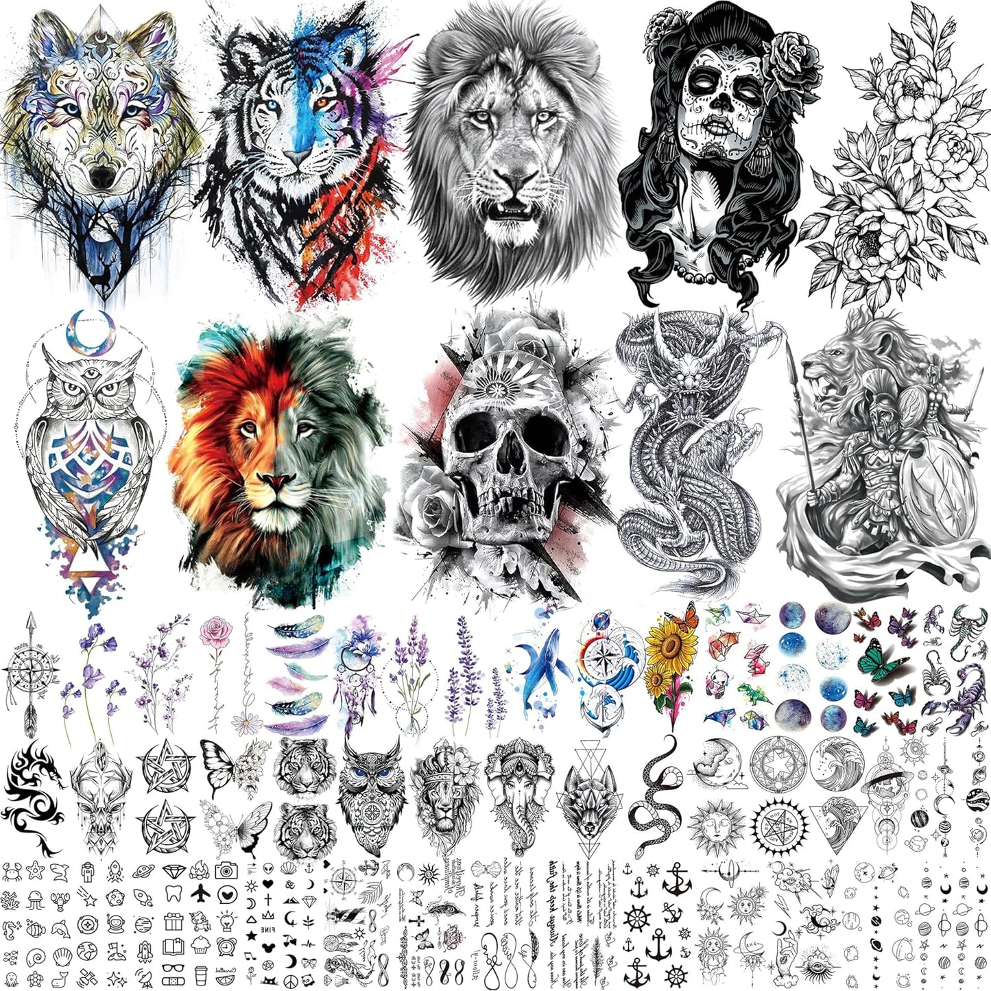 53 Sheets 3D Large Tiger Dragon Temporary Tattoos For Women Thigh Men Arm Adult, Half Sleeve Halloween Gangster Lion Owl Fake Tattoo Sticker, Warrior Wolf Flower Bulk Tiny Small Tatoos Finger